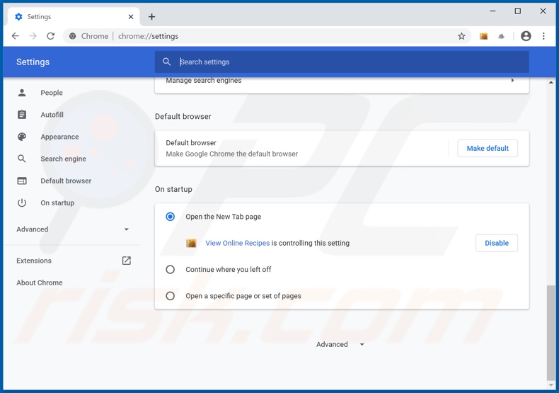 Removing search.viewonlinerecipestab.com from Google Chrome homepage