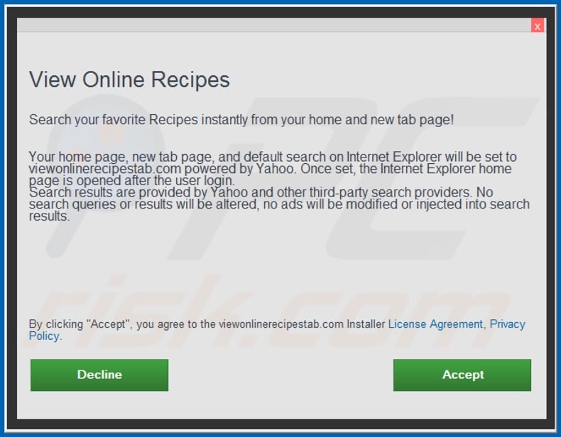 Official View Online Recipes browser hijacker installation setup