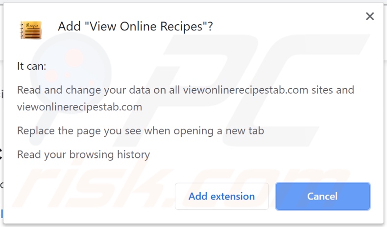 View Online Recipes browser hijacker asking for permissions
