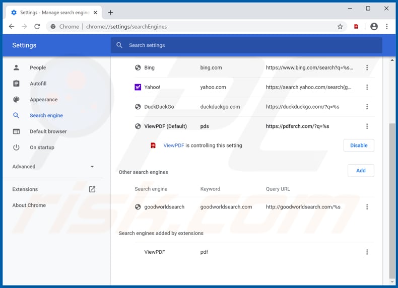 Removing pdfsrch.com from Google Chrome default search engine