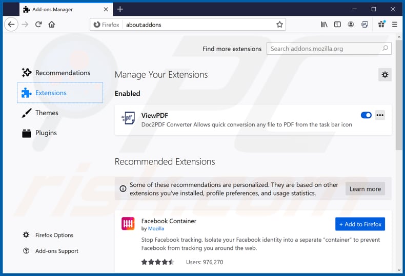 Removing pdfsrch.com related Mozilla Firefox extensions