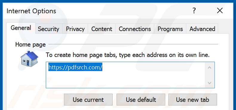 Removing pdfsrch.com from Internet Explorer homepage