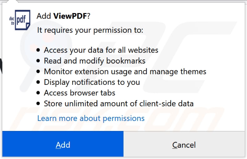 viewpdf browser hijacker asks for a permission to access data on firefox