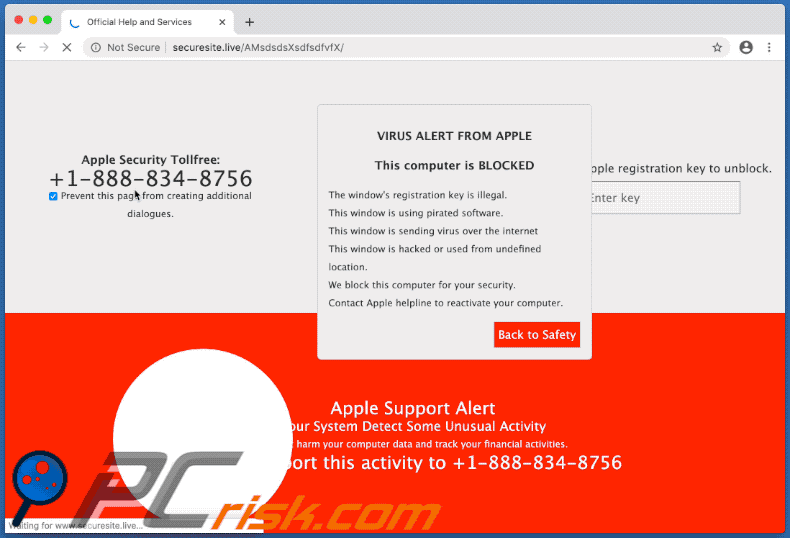 VIRUS ALERT FROM APPLE pop-up scam