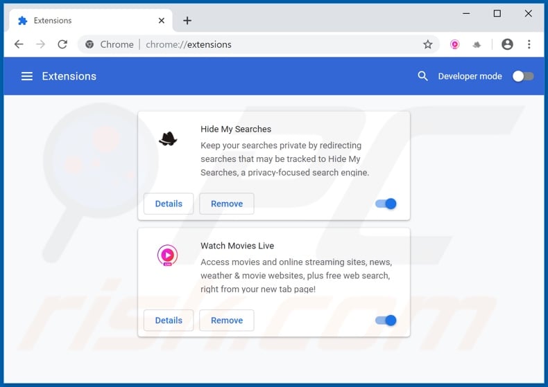Removing search.watchmovieslivetab.app related Google Chrome extensions