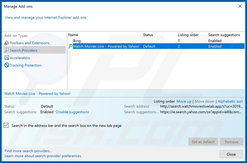 Removing search.watchmovieslivetab.app from Internet Explorer default search engine