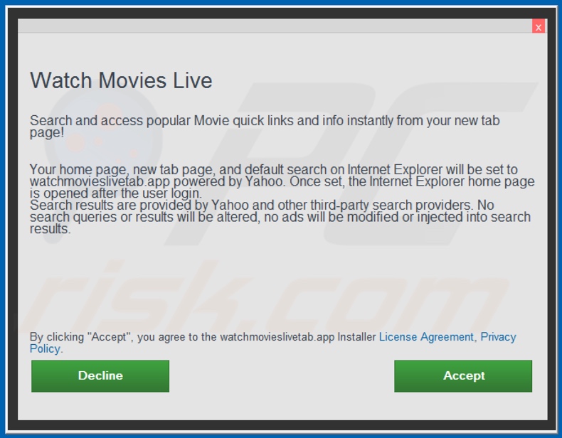 Official Watch Movies Live browser hijacker installation setup