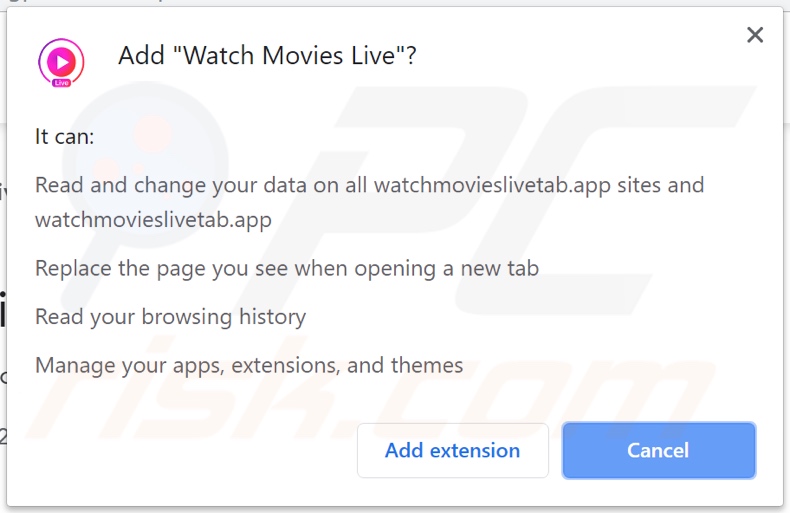 Watch Movies Live browser hijacker asking for permissions