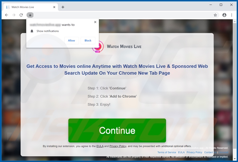 Website used to promote Watch Movies Live browser hijacker