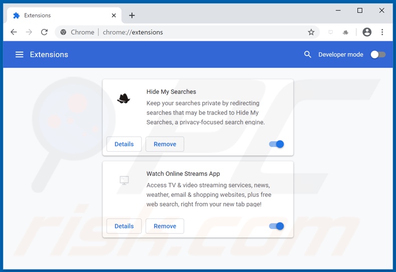 Removing search.watchonlinestreamsapp.com related Google Chrome extensions