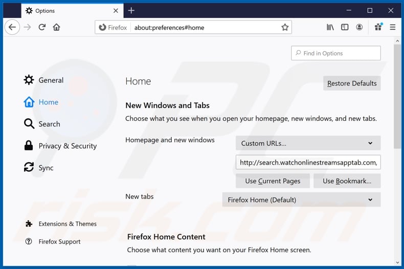 Removing search.watchonlinestreamsapp.com from Mozilla Firefox homepage