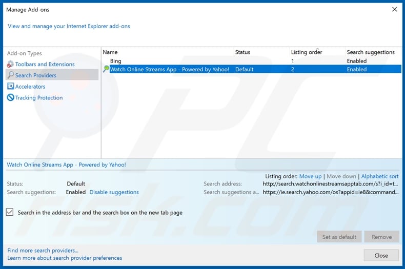 Removing search.watchonlinestreamsapp.com from Internet Explorer default search engine
