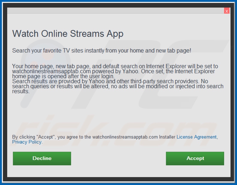 Official Watch Online Streams App browser hijacker installation setup