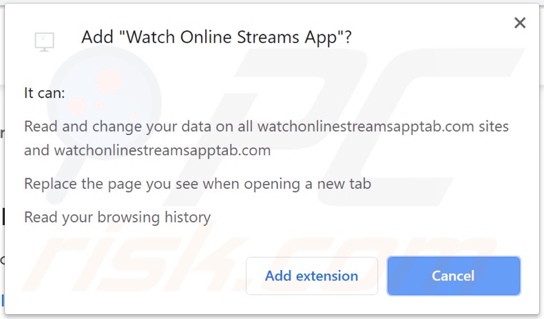Watch Online Streams App browser hijacker asking for permissions