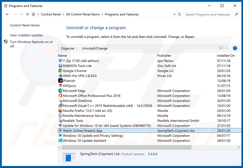search.watchonlinestreamsapp.com browser hijacker uninstall via Control Panel