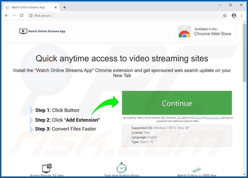 Website used to promote Watch Online Streams App browser hijacker