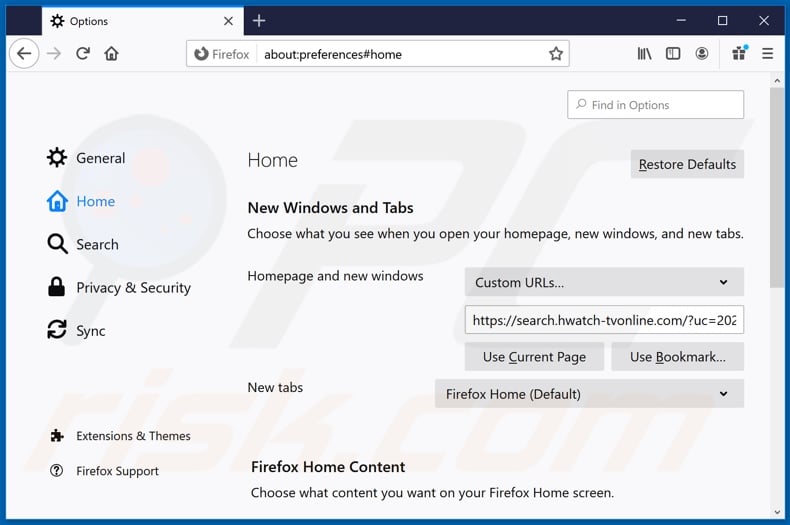 Removing search.hwatch-tvonline.com from Mozilla Firefox homepage