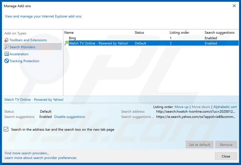 Removing search.hwatch-tvonline.com from Internet Explorer default search engine