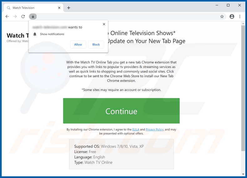 Website used to promote Watch TV Online browser hijacker