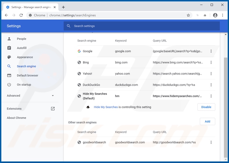 Removing search.weatherforecastertab.com from Google Chrome default search engine