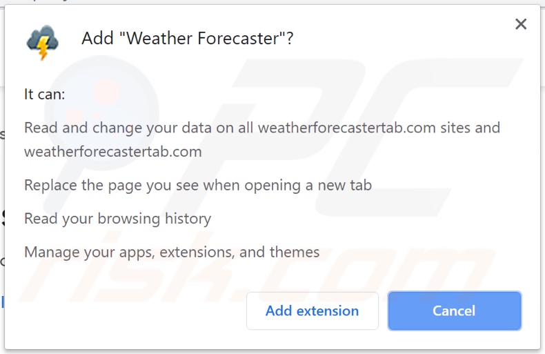 Weather Forecaster browser hijacker asking for permissions