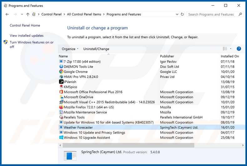 search.weatherforecastertab.com browser hijacker uninstall via Control Panel