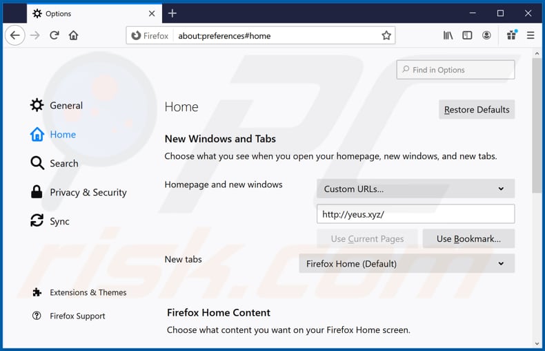 Removing yeus.xyz from Mozilla Firefox homepage