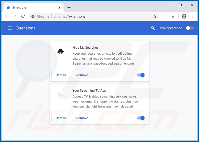 Removing search.yourstreamingtvapptab.com related Google Chrome extensions
