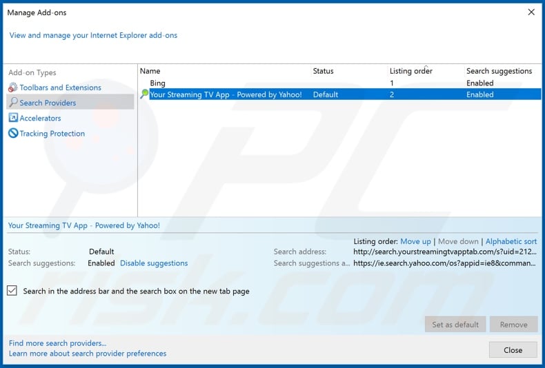 Removing search.yourstreamingtvapptab.com from Internet Explorer default search engine