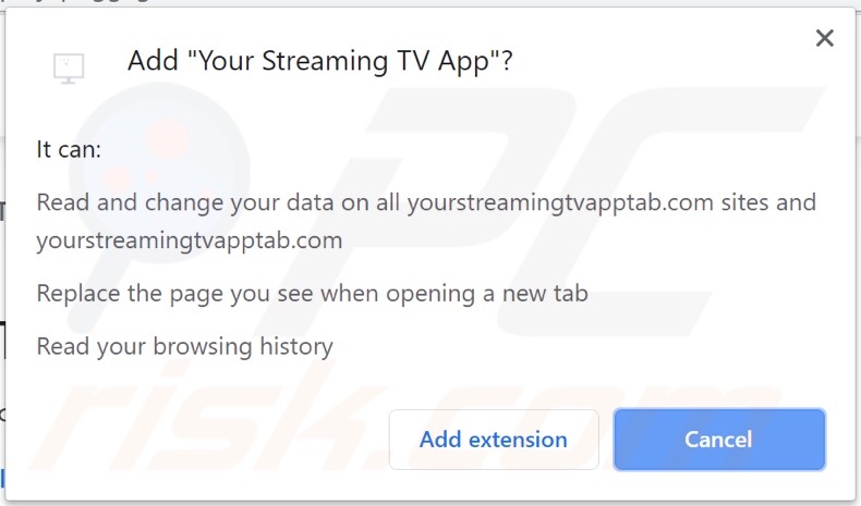 Your Streaming TV App browser hijacker asking for permissions