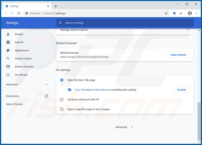 Removing search.yourtemplatesonlinenowtab.com from Google Chrome homepage