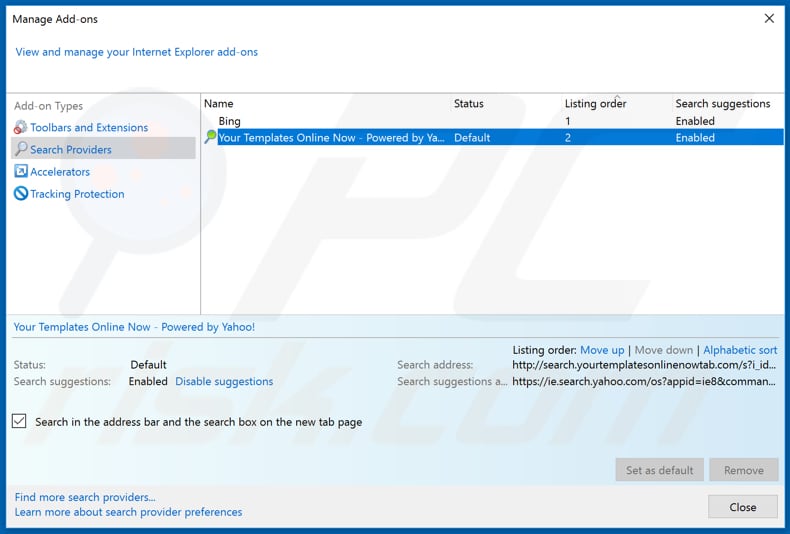 Removing search.yourtemplatesonlinenowtab.com from Internet Explorer default search engine