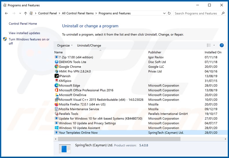 search.yourtemplatesonlinenowtab.com browser hijacker uninstall via Control Panel