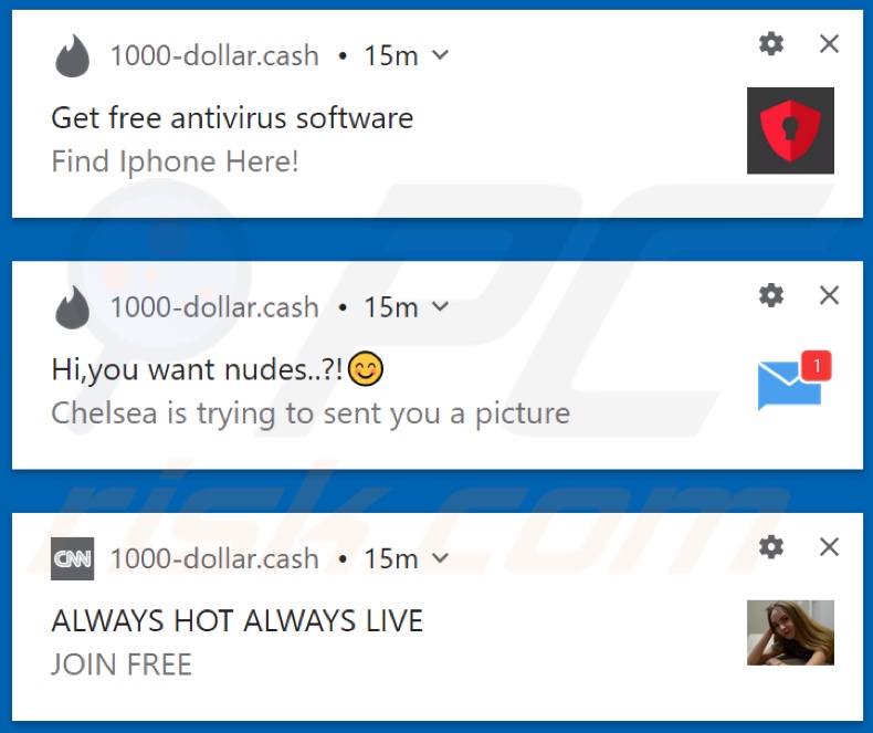 notifications displayed by 1000-dollar[.]cash website