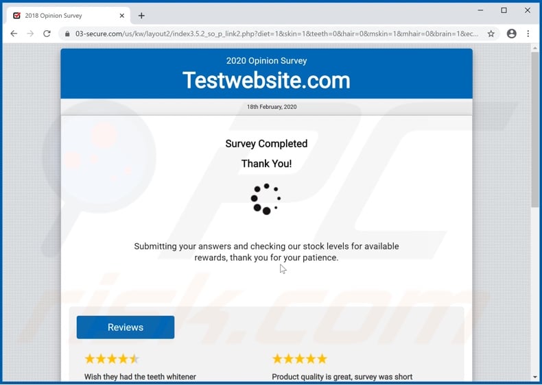 2020 Opinion Survey scam page displayed after the survey is complete