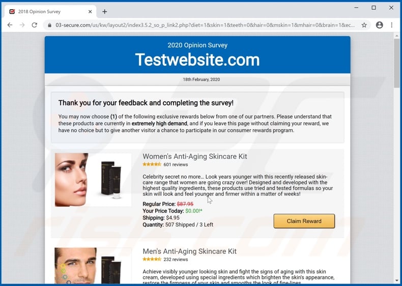 Page fo choosing the fake reward from 2020 Opinion Survey scam