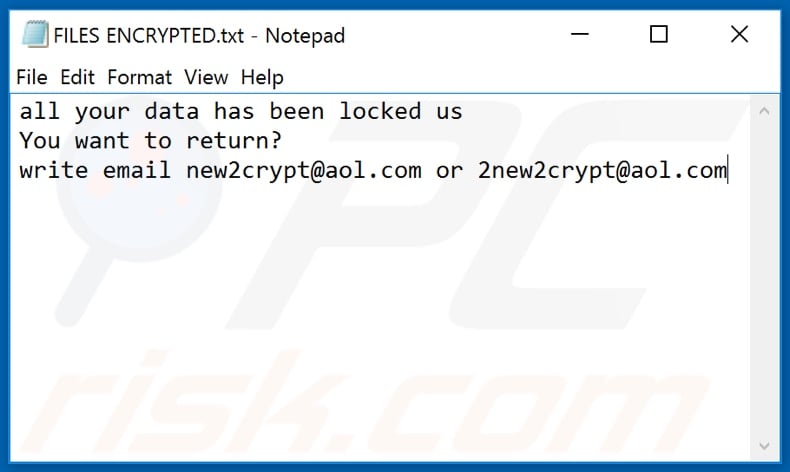 2NEW ransomware text file (FILES ENCRYPTED.txt)