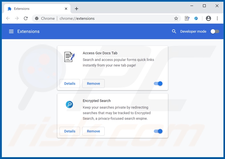 Removing search.haccessgovdocs.com related Google Chrome extensions