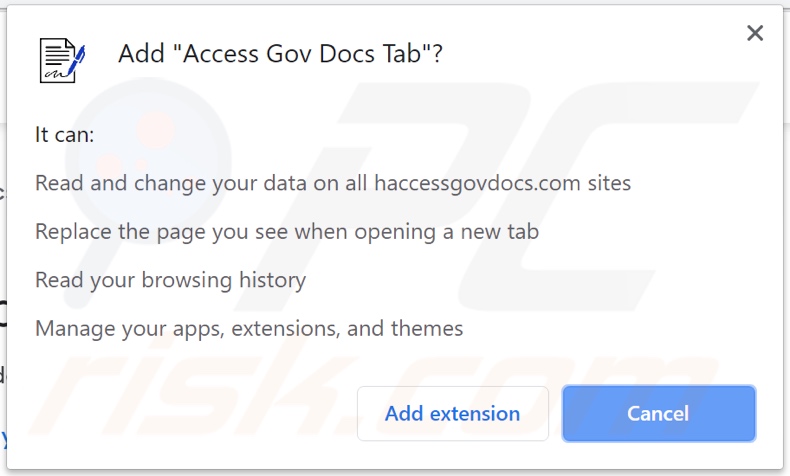 Access Gov Docs Tab browser hijacker asking for permissions