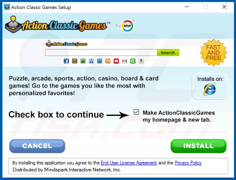Official ActionClassicGames browser hijacker installation setup