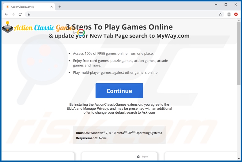Website used to promote ActionClassicGames browser hijacker