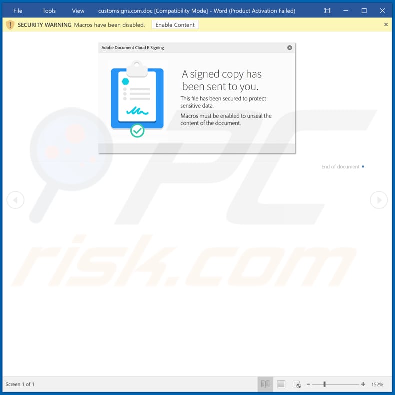 Malicious attachment distributed through Adobe Document Cloud E-Signing Email Virus spam campaign