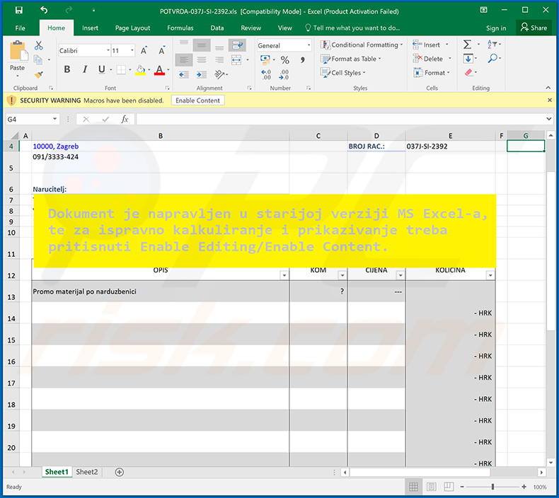 Malicious Microsoft Excel document injecting Afrotida ransomware into the system