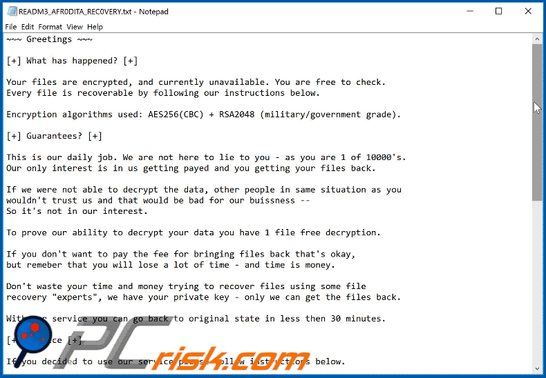 Updated ransom note - READM3_AFR0DITA_REC0VERY.txt - of Afrodita ransomware (GIF)
