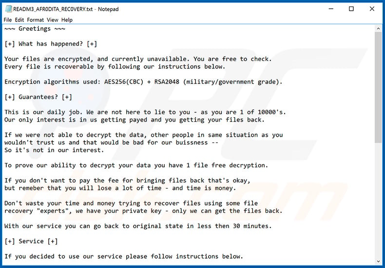Updated ransom note - READM3_AFR0DITA_REC0VERY.txt - of Afrodita ransomware