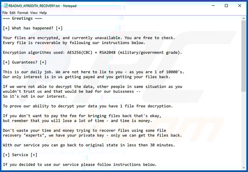 Updated ransom note - READM3_AFR0DITA_REC0VERY.txt - of Afrodita ransomware