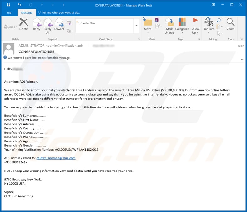 AOL Winner Email Scam spam campaign