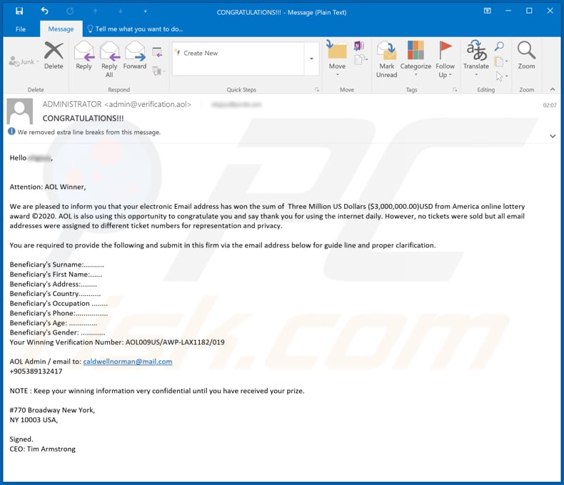 AOL Winner Email Scam - Removal and recovery steps (updated)