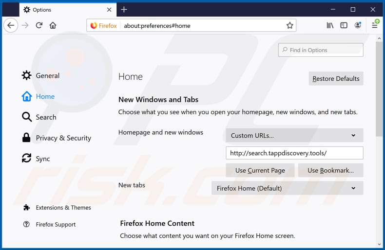 Removing search.tappdiscovery.tools from Mozilla Firefox homepage