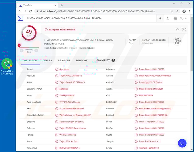 Fake ProtonVPN installation setup which injects AZORult trojan into the system